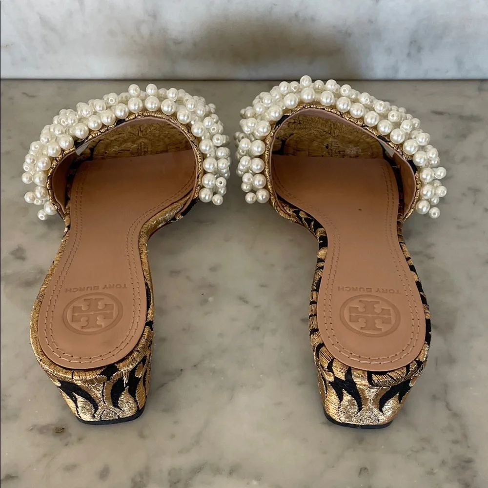 TORY BURCH Tatiana White Pearl Black Gold Brocade Slides Sandal 6M